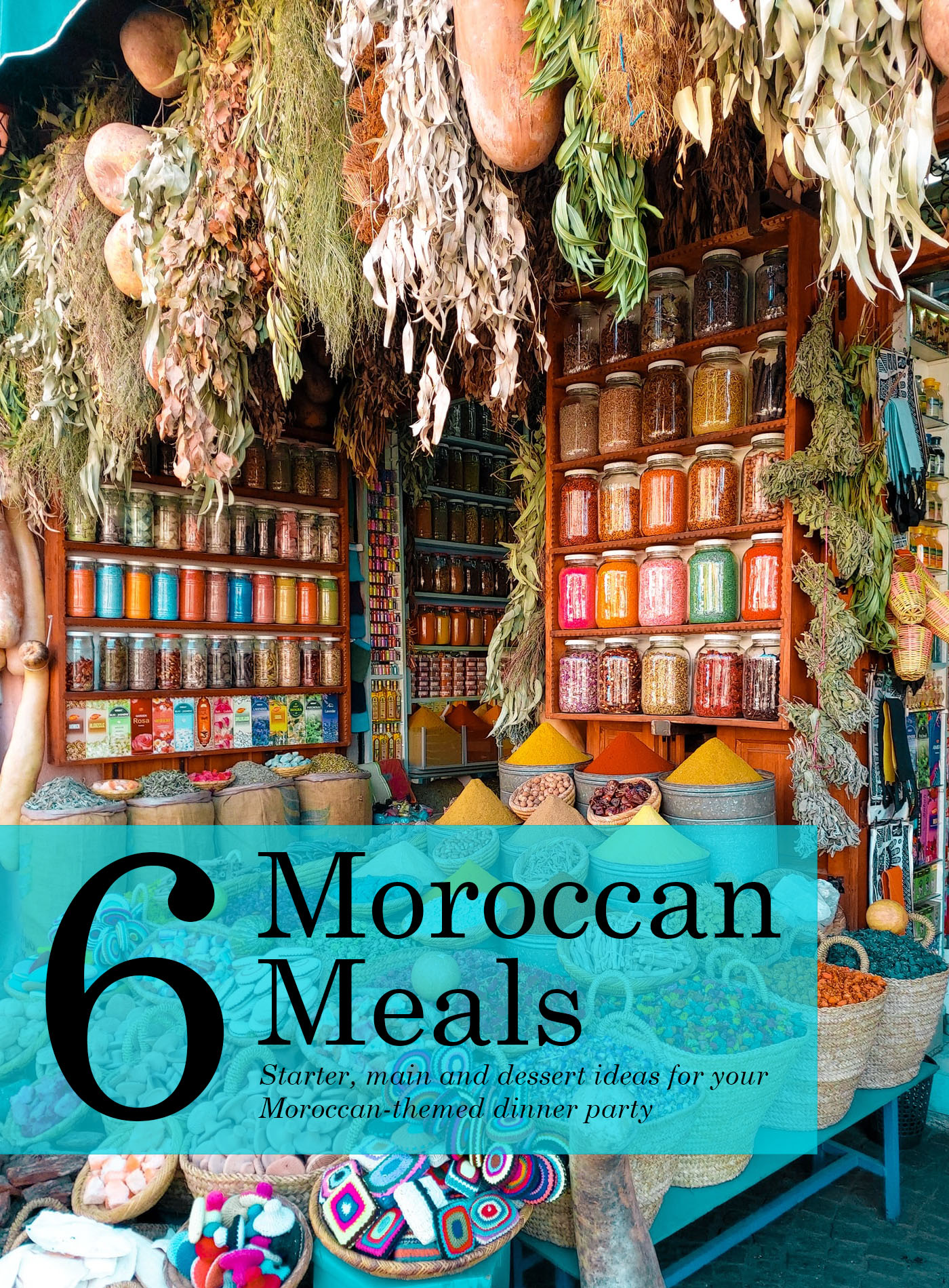 An array of spices displayed on a Moroccan street market with the title of the book cover.
